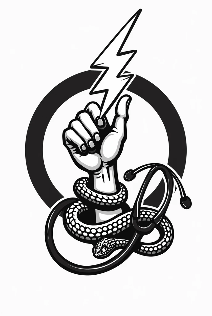 Create a logo style image for advertising a physiotherapy medicine office with a black and white cartoon style drawing of a hand holding a lightning bolt and around the forearm wrapped a snake that shows its snake face next to the hand and that all this is surrounded by a stethoscope in a circular shape around the drawing