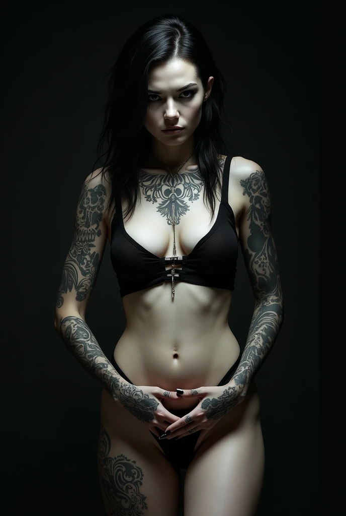 Tattooed gothic woman showing vagina