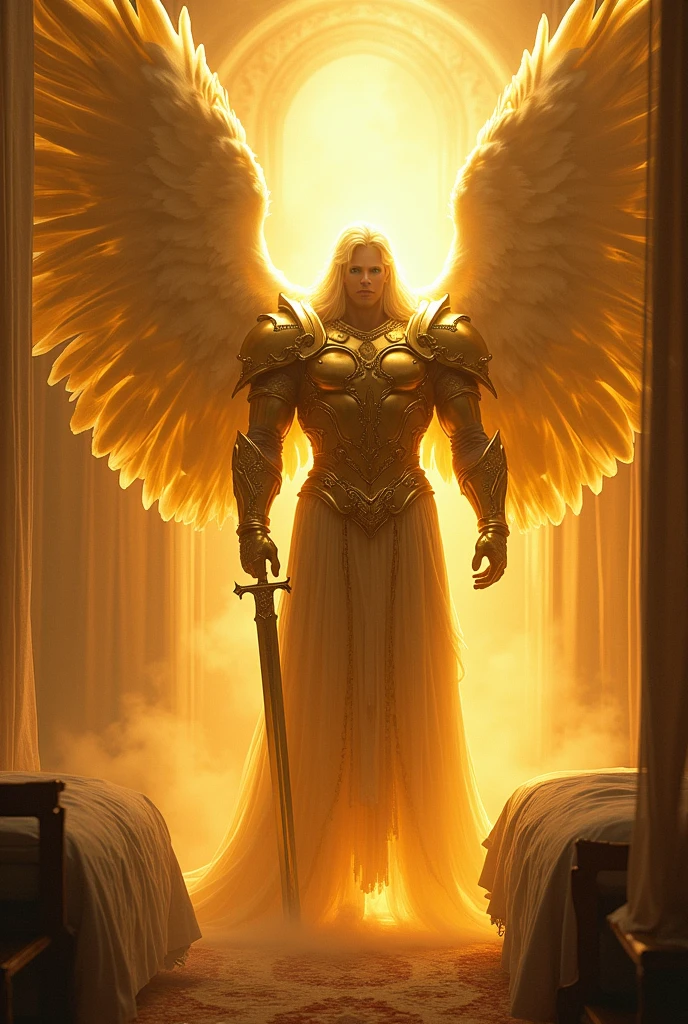 An angel of male gender, with golden armor, huge to the point of having to get on your knees, with very large wings, inside a house in a bedroom, with a sword and with his face so bright that it emits a very strong glow and you can&#39;t see his face

