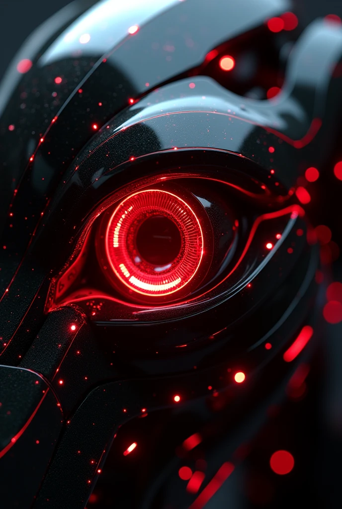 Black robot eye with red glow and circuit lines