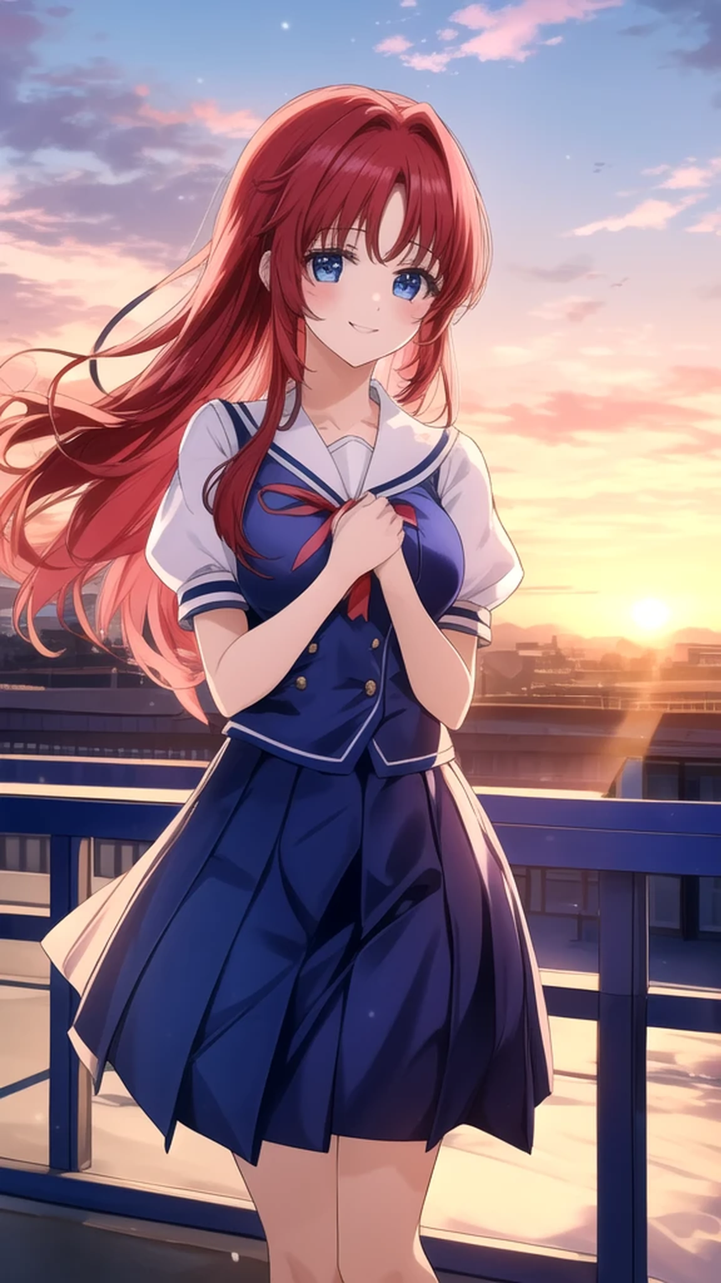 kotorishirakawa, ((masterpiece, best quality, highres, distinct_image)), 
extremely beautiful and delicate, extremely detailed, intricate detail, 1girl, solo, short stack, huge breasts, red hair, long hair, straight hair, Blue eyes, BREAK skirt, school uniform, short sleeves, socks, puffy sleeves, puffy short sleeves, Cute Smile Open your mouth, Are standing, (Winter Night、With the sunset and the fence behind、Receiving a confession on the school rooftop。I got closest to that smile:1.1), (Place your hands on your chest:1.3), Two Arms, (cinematic angle:1.1),