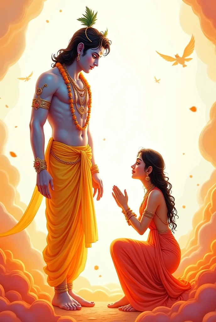 Hii
Create a I image of shri krishna white Orange background which in which white should be at the back and orange should be in the front in smaller quantity and in that lord Shri Krishna good be standing with srimathi Radha Rani blessing me make Shri Krishna dhoti in yellow colour and make a person sitting on knees taking blessing of both of them in cartoonistic way