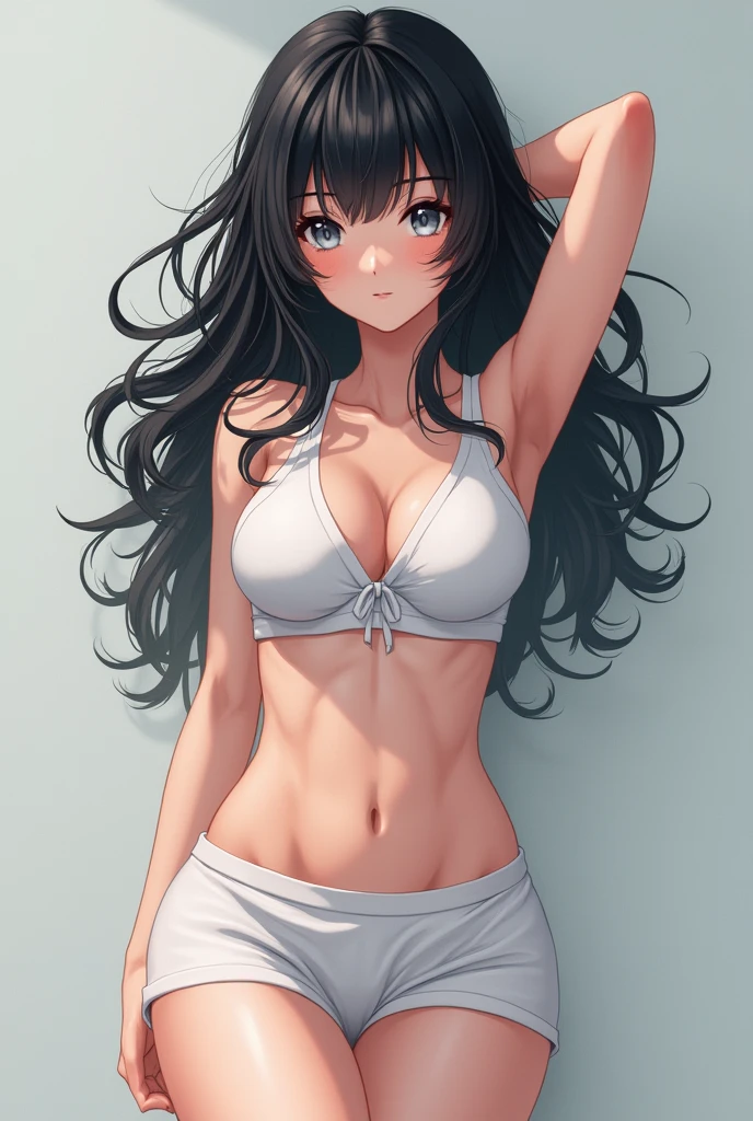 A girl with white skin and grey eyes, Long hair, black curly and big breasts, Taking a realistic anime style photo with tennis miniskirt in sexy pose