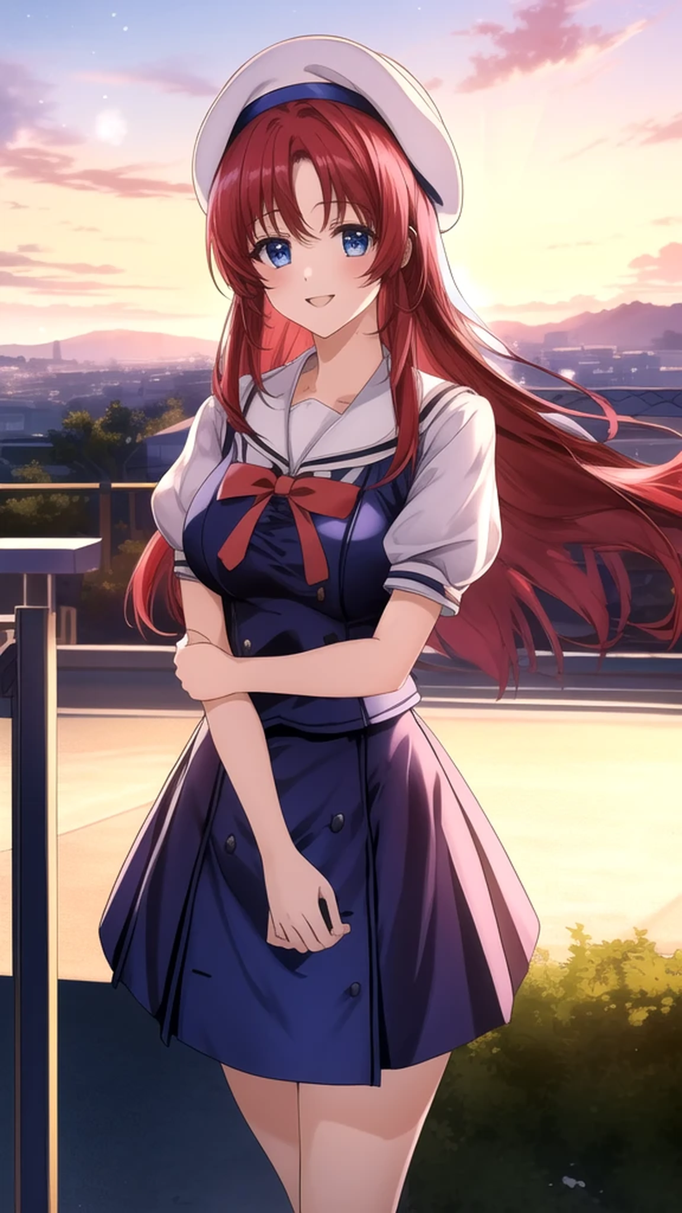 kotorishirakawa, ((masterpiece, best quality, highres, distinct_image)), 
extremely beautiful and delicate, extremely detailed, intricate detail, 1girl, solo, short stack, huge breasts, red hair, long hair, straight hair, Blue eyes, BREAK skirt, hat, school uniform, short sleeves, socks, puffy sleeves, puffy short sleeves, beret, Cute Smile Open your mouth, Are standing, (Winter Night、With the sunset and the fence behind、Receiving a confession on the school rooftop。I got closest to that smile:1.1), (Place your hands on your chest:1.3), Two Arms, (cinematic angle:1.1),