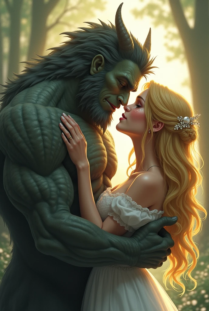 A monster fell in love with a blonde princess holding ass to each other and crying with tears of Joy in anime make the monster more handsome Make the monster human like