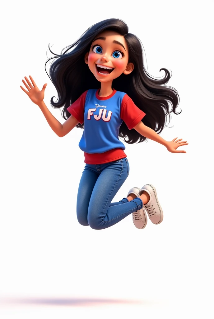 Pixar style Big girl jumping happily, long black hair, with a blue and red shirt that says FJU with white letters on the chest, White tennis, blue jeans, blue eyes, and a white background, 