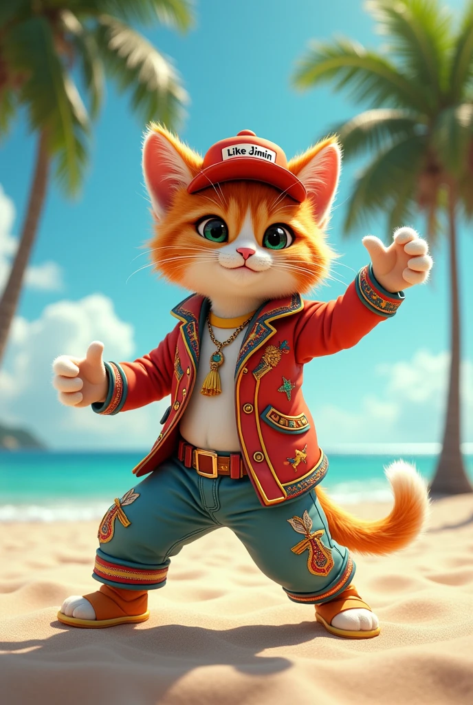 A cool and cute male cat is dressed as a kpop dancer and dancing at the front on the floor。 The hat says "like JIMIN"。
Coconut trees grow on the beach。