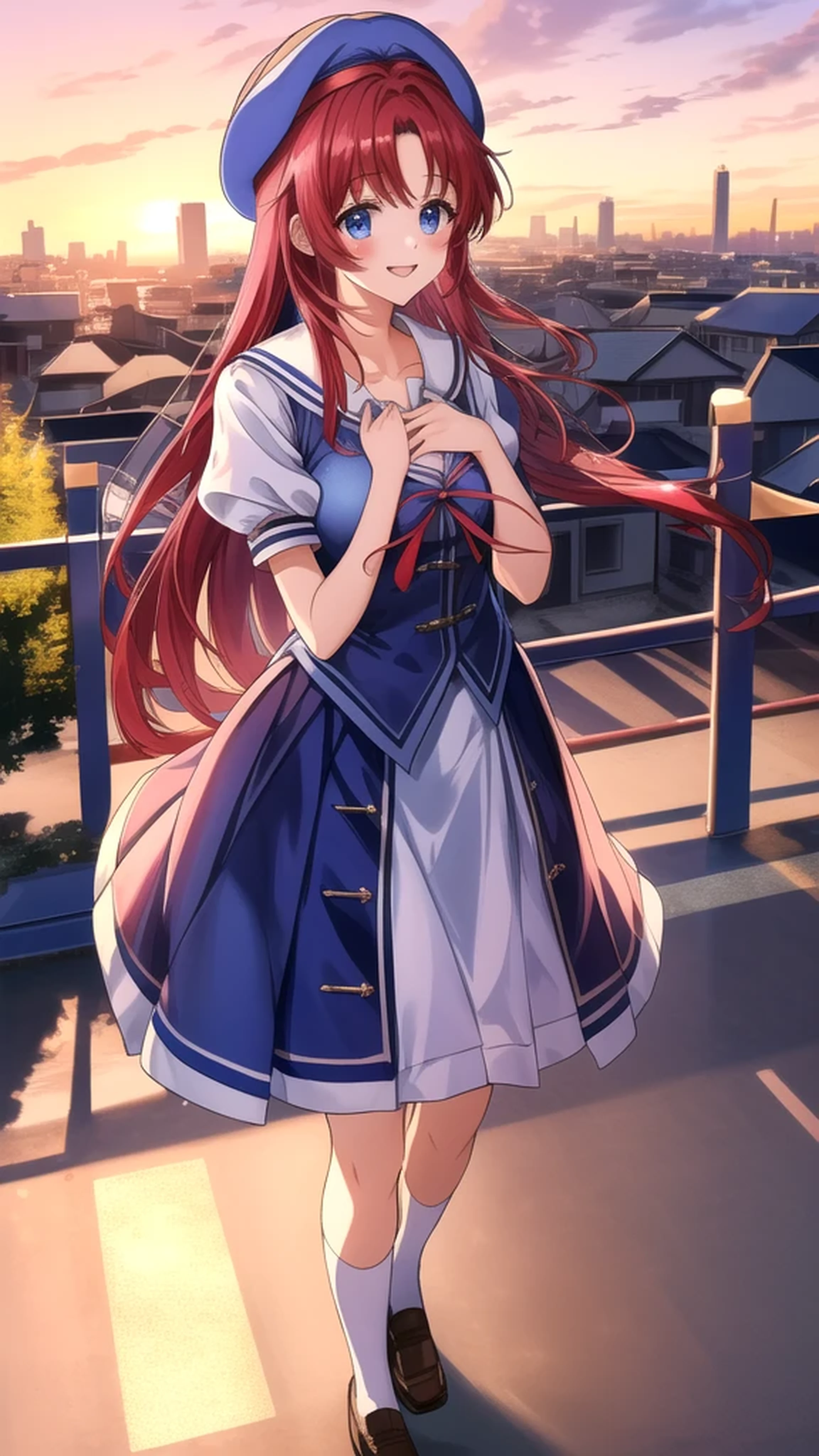 kotorishirakawa, ((masterpiece, best quality, highres, distinct_image)), 
extremely beautiful and delicate, extremely detailed, intricate detail, 1girl, solo, short stack, huge breasts, red hair, long hair, straight hair, Blue eyes, BREAK skirt, hat, school uniform, short sleeves, socks, puffy sleeves, puffy short sleeves, beret, Cute Smile Open your mouth, Are standing, (Winter Night、With the sunset and the fence behind、Receiving a confession on the school rooftop。I got closest to that smile:1.1), (Place your hands on your chest:1.3), Two Arms, (cinematic angle:1.1),