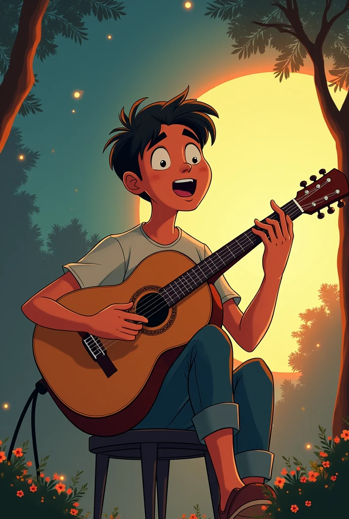 A teen guy who loves to make a song short cover in animated visual and remove a guitar
or any instrument make it nostalgic vibes and pop
Make it acoustic guitar with a night day