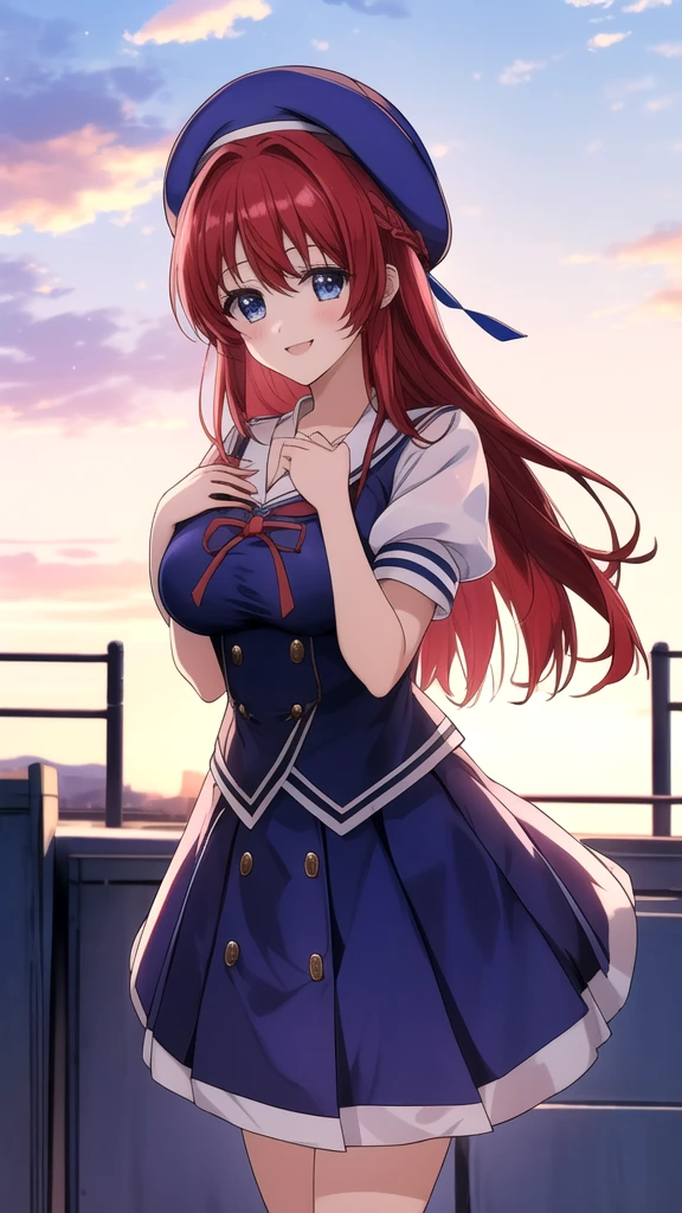 kotorishirakawa, ((masterpiece, best quality, highres, distinct_image)), 
extremely beautiful and delicate, extremely detailed, intricate detail, 1girl, solo, short stack, huge breasts, red hair, long hair, straight hair, Blue eyes, BREAK skirt, hat, school uniform, short sleeves, socks, puffy sleeves, puffy short sleeves, beret, Cute Smile Open your mouth, Are standing, (Winter Night、With the sunset and the fence behind、Receiving a confession on the school rooftop。I got closest to that smile:1.1), (Place your hands on your chest:1.3), Two Arms, (cinematic angle:1.1),