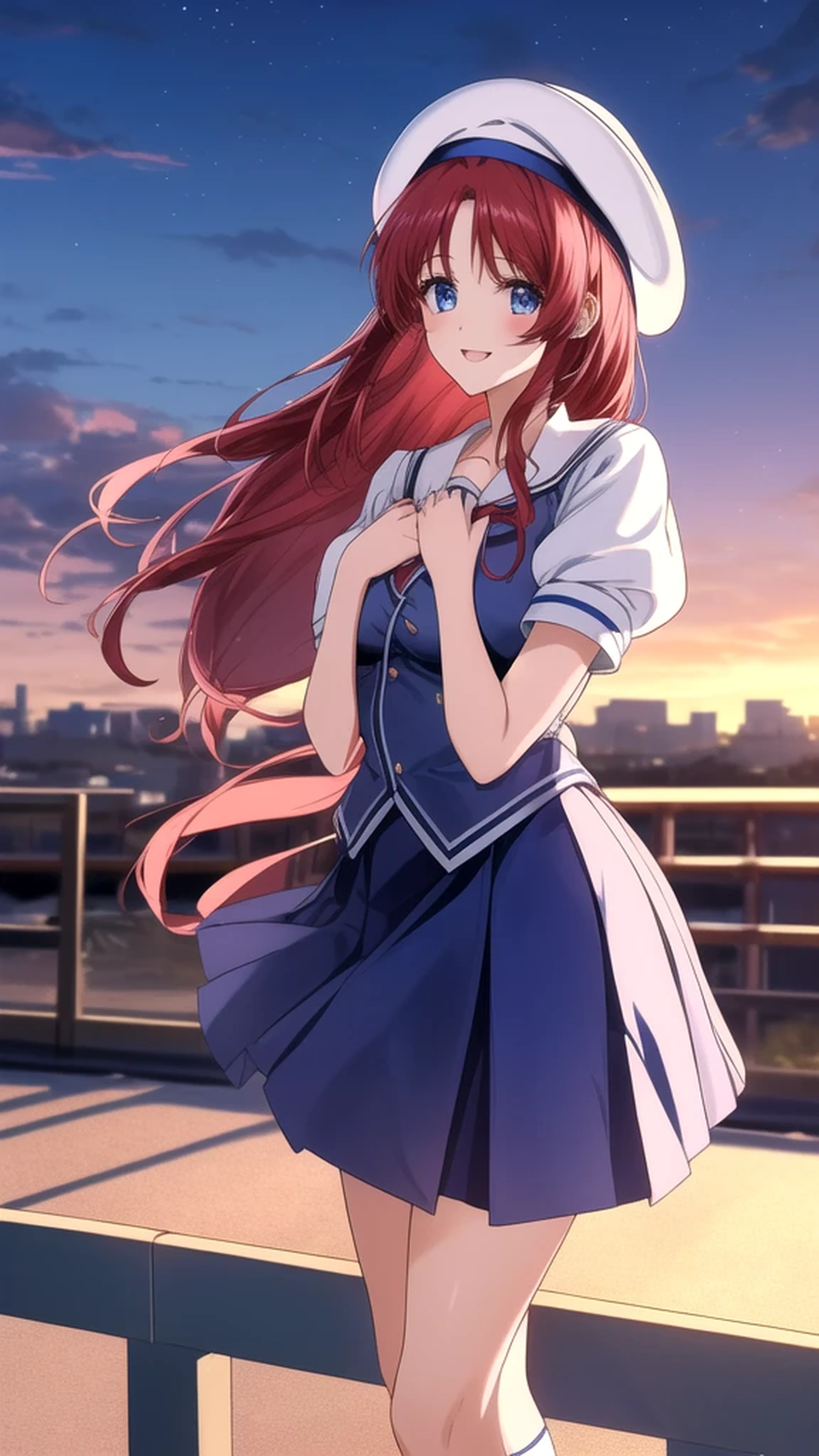 kotorishirakawa, ((masterpiece, best quality, highres, distinct_image)), 
extremely beautiful and delicate, extremely detailed, intricate detail, 1girl, solo, short stack, huge breasts, red hair, long hair, straight hair, Blue eyes, BREAK skirt, hat, school uniform, short sleeves, socks, puffy sleeves, puffy short sleeves, beret, Cute Smile Open your mouth, Are standing, (Winter Night、With the sunset and the fence behind、Receiving a confession on the school rooftop。I got closest to that smile:1.1), (Place your hands on your chest:1.3), Two Arms, (cinematic angle:1.1),