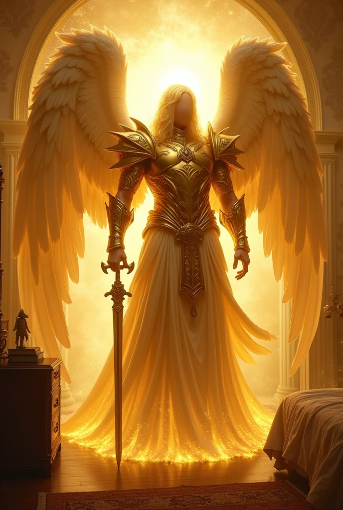 An angel of male gender, with golden armor, huge to the point of having to get on your knees, with very large wings, inside a house in a bedroom, with a sword and with his face so bright that it emits a very strong glow and you can't see his face