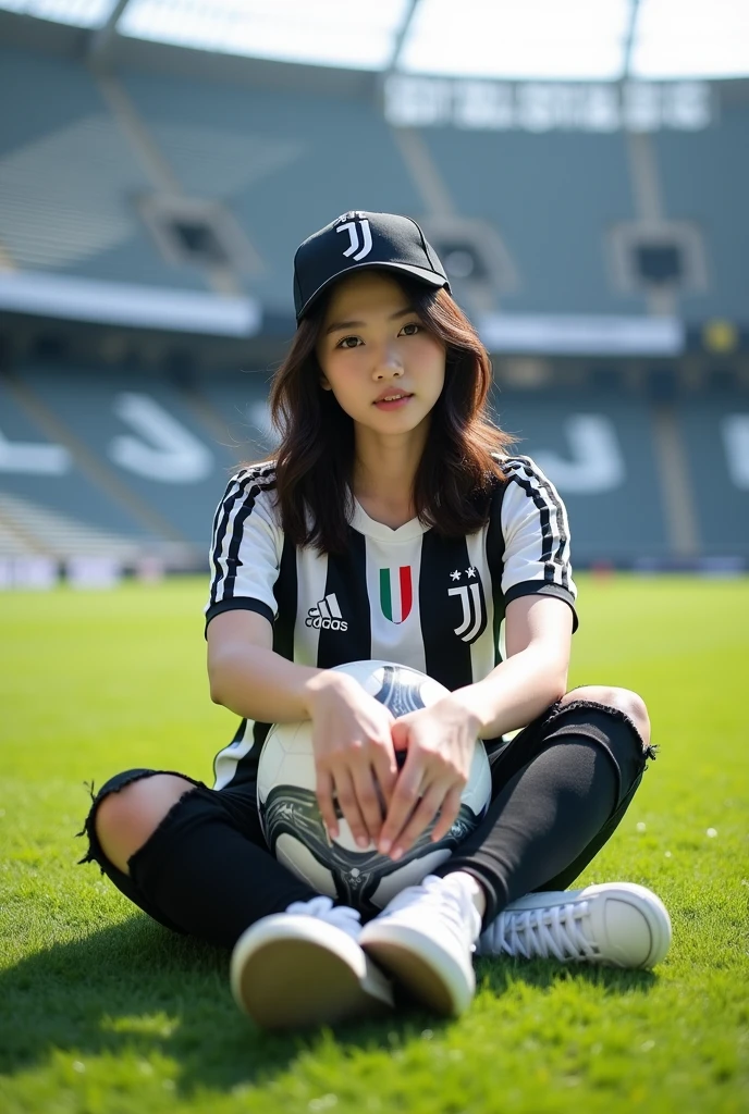 Displaying full HD high resolution photos, A beautyfull Korean girls is sitting in the middle of the stadium field., while sitting on the grass the girls is holding a ball with the JJ symbol, the girls is wearing a juventus jersey, black jeans have rips, adidas white sneakers, and wear a baseball cap with the JJ logo, looking at the camera with a relaxed face, seen the stadium stands with letters written on them "juventus", background of stadium and green grass field, realistic