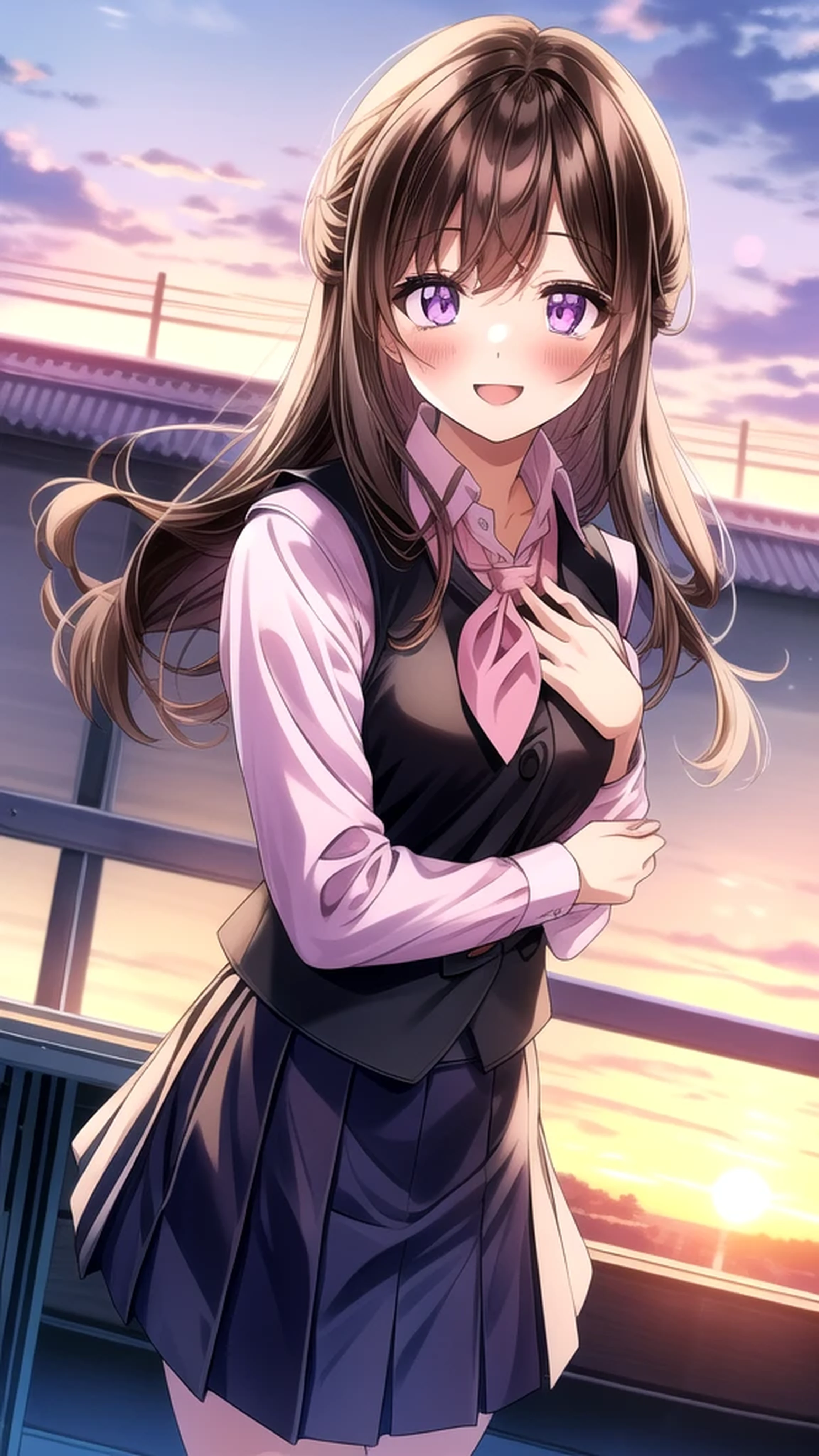 Anime illustration - Shino amagi OL, one person, office lady, Purple eyes, Black brown hair, collared shirt, shirt, skirt, blush, white shirt, neckerchief, black vest, pencil skirt, eyelashes, medium chest, checkered floor, pink ribbon, striped bow, ribbon, blush, miniskirt, Cute Smile Open your mouth, Are standing, high heels, (Winter Night、With the sunset and the fence behind、Receiving a confession on the school rooftop。I got closest to that smile:1.1), (Place your hands on your chest:1.3), Two Arms, (cinematic angle:1.1),