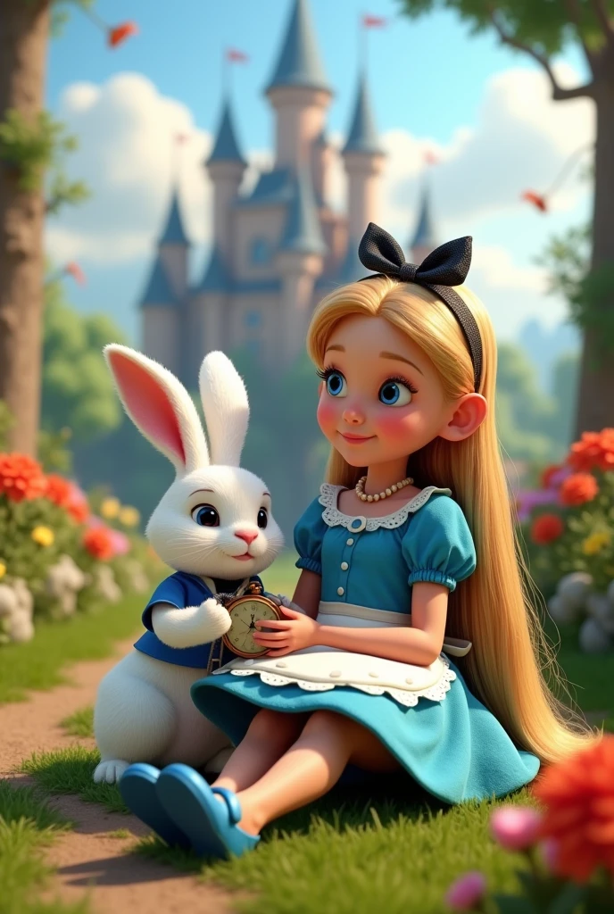 The image features a child character with long, loose blonde hair., blue eyes wearing a striking blue dress with a white apron and a black bow tiara in her hair. She is sitting with the white rabbit on her lap, it is entwined in her arm.. The white rabbit is wearing clothes with a pocket watch in his hand. The character shows off her blue shoes, that complement your outfit. Ao fundo, there is an enchanted castle with towers and flags, set in a lush green environment with flowers. The scene conveys a magical and playful atmosphere, typical of fairy tales. Real 3d pixar image