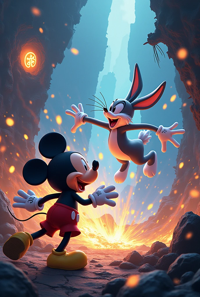 Create Mickey Mouse fighting Bugs Bunny in the style of Jujutsu Kaisen and expand their domains
