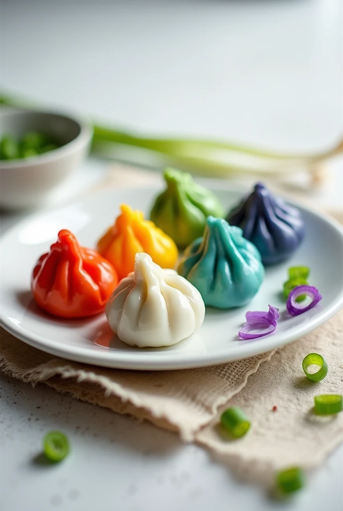 6 momo different colors steamed in plate image of 300 x 300 pixels and garnish with Spring onion