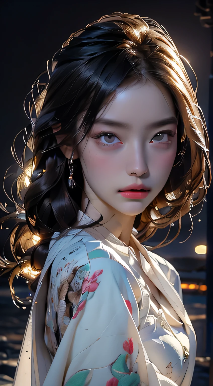 Beautiful woman in kimono，8k，Beautiful details in the eyes，Dindal effect、masterpiece, 最high quality, high quality, High resolution、Super detailed photos、(Natural skin texture、Detailed skin、Hyperrealism、Ultra Sharpness)、Skin with attention to detail、(Very detailed、Detailed skin texture、Intricate details、Beautiful Face、(A vivid face)、Realistic eyes、Beautiful and fine details、Realistic Skin、Beautiful skins、surreal、Very detailed、Golden Ratio、((Night moonlight background))、