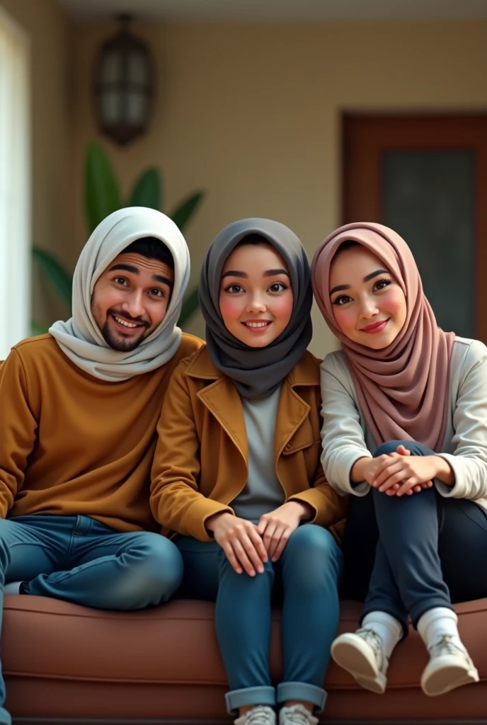 ((3 hijabless man wear jacket sitting), (3 hijabbed woman sitting)), casual fashion, happy expression, white skin people, crowdless background, just concentrate, extreme detail, masterpiece, 4k, cute caricaturized character, proportional, cinematic lighting