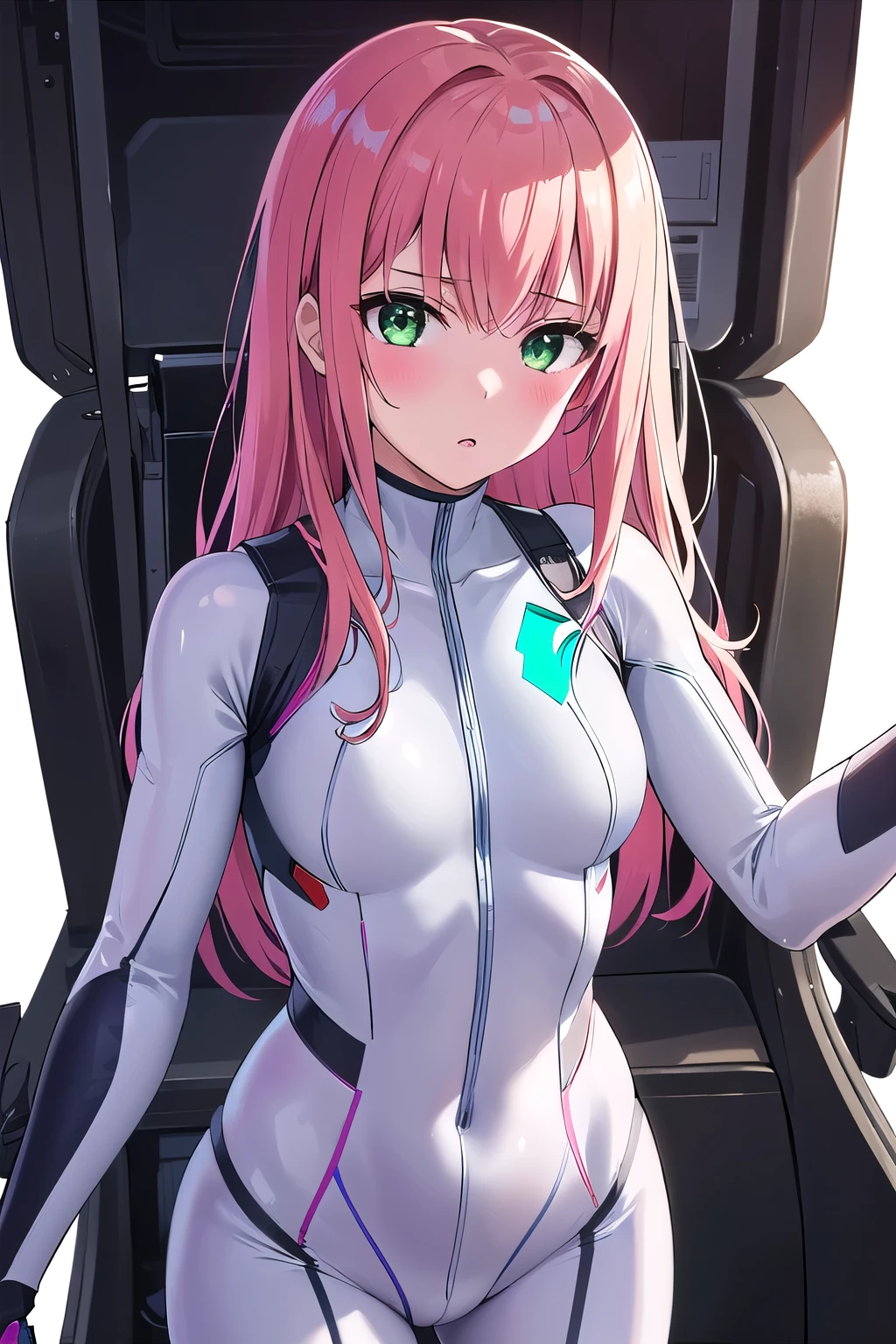 1girl,Samus aran,solo,green eyes, pink hair, forehead hair, white zero suit,white body suit,purple stripes,cowboy shot,blush,,Science fiction,ultra-detailed,sharp focus,aesthetic,(best quality), white background, (Trying to get out of the bodysuit.:1.2)