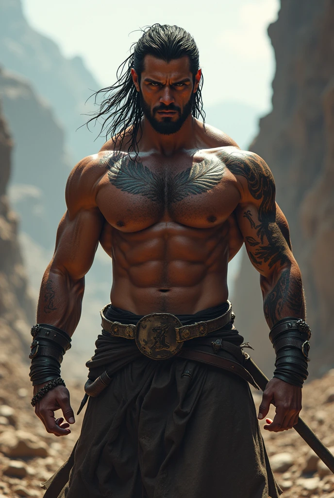 Shirtless black haired muscular warrior