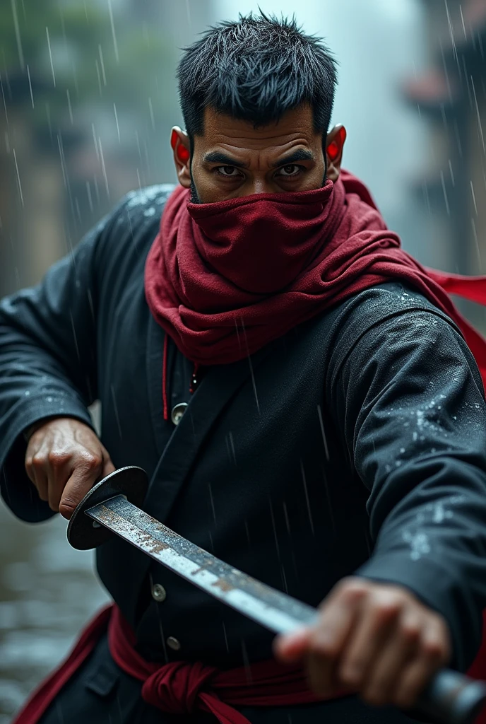 A man with brown skin, Bblack hair, Eyes red, short beard.
Use a ninja look with assassin, black color with a long red scarf hiding her mouth and nose.
a dagger in his hand in attack position rainy weather.