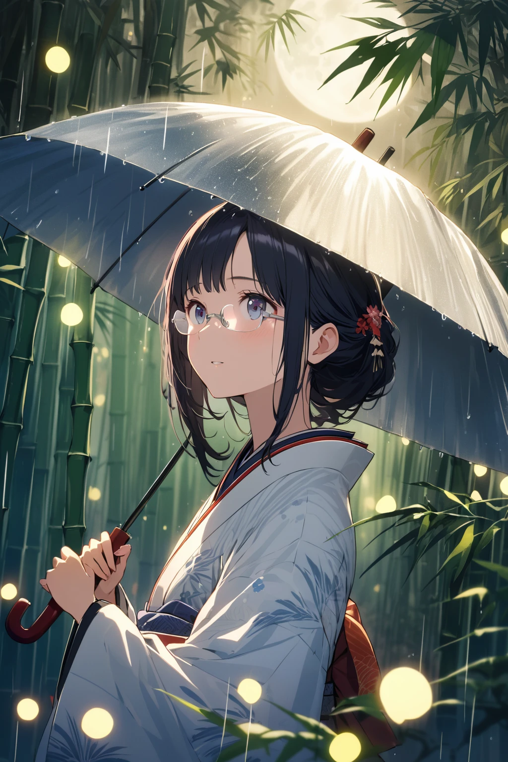 (extremely detailed fine touch:1.3), Vibrant colors, Soft tones, With warm and gentle lighting, (((silver semi-rimless eyewear:1.3))), girl, solo, (ancient Japanese noble, beautiful kimono, beautiful long black hair), glowing hair, looking up at the moon, holding an umbrella, raining softly, fireflies flying around, bamboo leaves are placed three-dimensionally in the foreground, shining through rainwater, bamboo grove of japan,