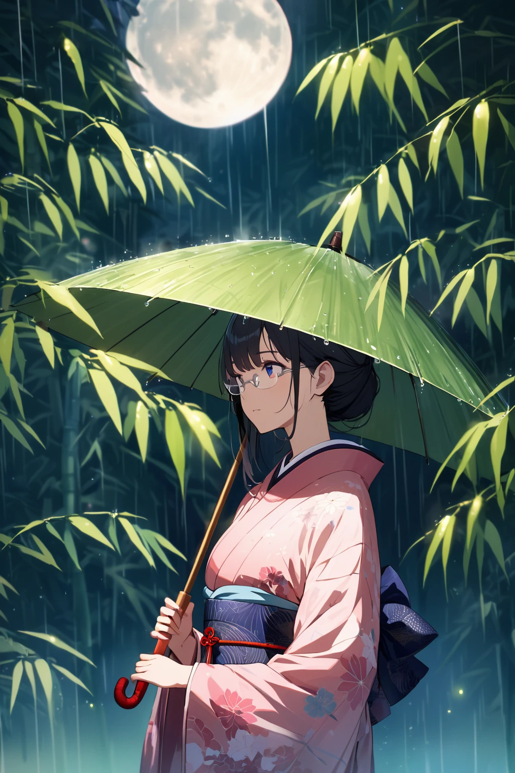 (extremely detailed fine touch:1.3), Vibrant colors, Soft tones, With warm and gentle lighting, (((silver semi-rimless eyewear:1.3))), girl, solo, (ancient Japanese noble, beautiful kimono, beautiful long black hair), glowing hair, looking up at the moon, holding an umbrella, raining softly, fireflies flying around, bamboo leaves are placed three-dimensionally in the foreground, shining through rainwater, bamboo grove of japan,