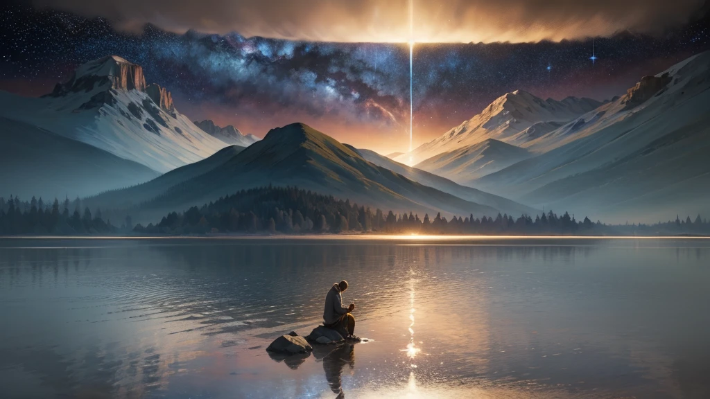 an oil painting，da vinci art style。A serene night scene with a person kneeling in prayer, bathed in soft moonlight. In the background, a calm sea reflects the stars, symbolizing peace. A subtle glowing cross hovers above the horizon, while soft rays of light emanate from it, representing God’s presence and protection. The scene is tranquil, with trees and mountains in the distance, under a vast, star-filled sky. The title 'Finding Peace in Turmoil' or 'Psalm 4 Devotional' appears in bold, calming fonts.，Guviz style artwork,，Artistic creativity:1.37,Sweet，Wonderful and magical，Exquisite，Natural soft light