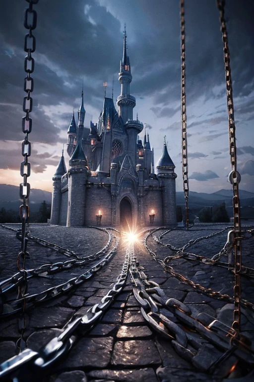 (chains:1.5), Chain world. A world made of chains. Chains are everywhere, Castle covered in chains, bound in chains. chained sword, prisoners in chains. Chains l chained planet, created in a medieval city, in the Gothic style, giant chains, 