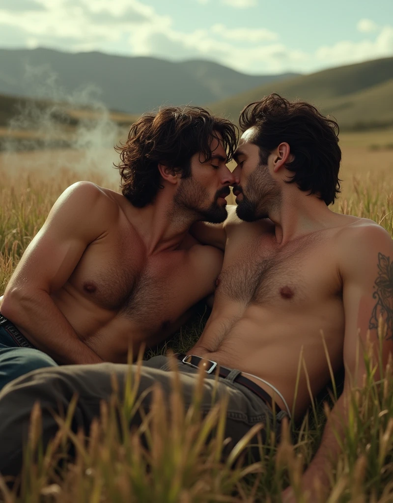 Breakback Mountain, the western United States, Lying on the grass, ！！！Lying on the grass, ！！！the complex relationship between love and sex between two men, Heath Ledger, Jack Glenho, working on the farm, handsome, cowboysexy triangle thongs, more details, background scattering 1.8 HD 8k real photos! Sex. Chest muscles! Chest hair! tattoo. white hair Smoke, movie feeling! Movie lights! Award-winning poster Ambiguous and teasing Western cowboy dress up。Close-up multi-angle shooting。The close-up of the protagonist！！！kissing Lying on the grass, taking a picture of God's perspective
