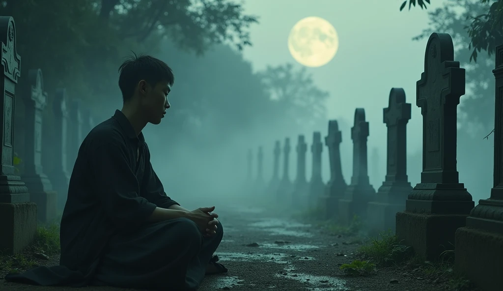 Picture of a traditional Thai funeral, Ancient Thai, Wang Weng atmosphere, Chilling and chilling, Reference to the funeral of Mae Nak Phra Khanong, ไอ้มากนั่งโศกเศร้าในgraveyard, Sharp picture, moon, Smoke dust, A young man sits guarding a grave., graveyard