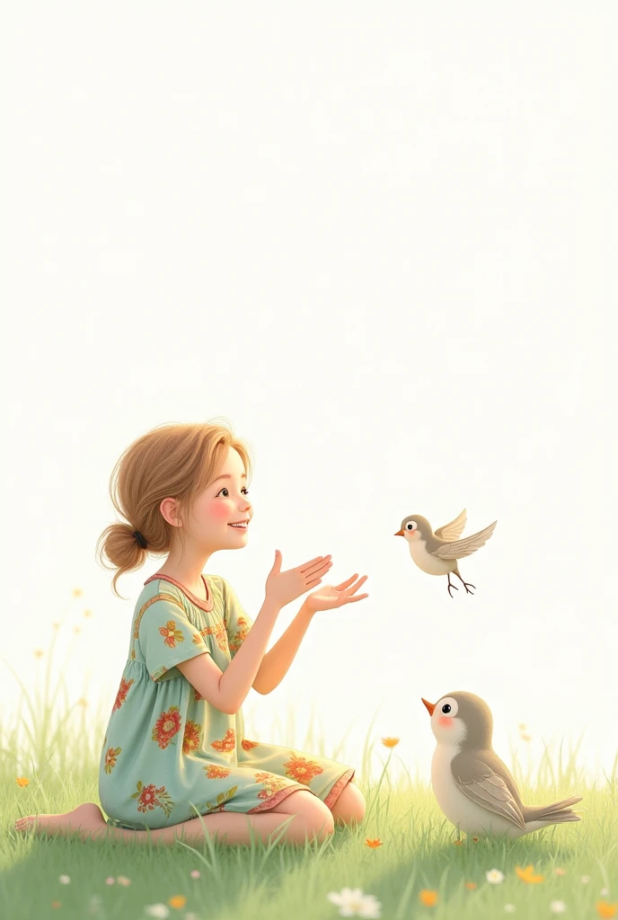 white background,cute siting on grass,she look at the little bird,rais her hands to the little bird,little bird flying,best quality,smart frock wearing the girl