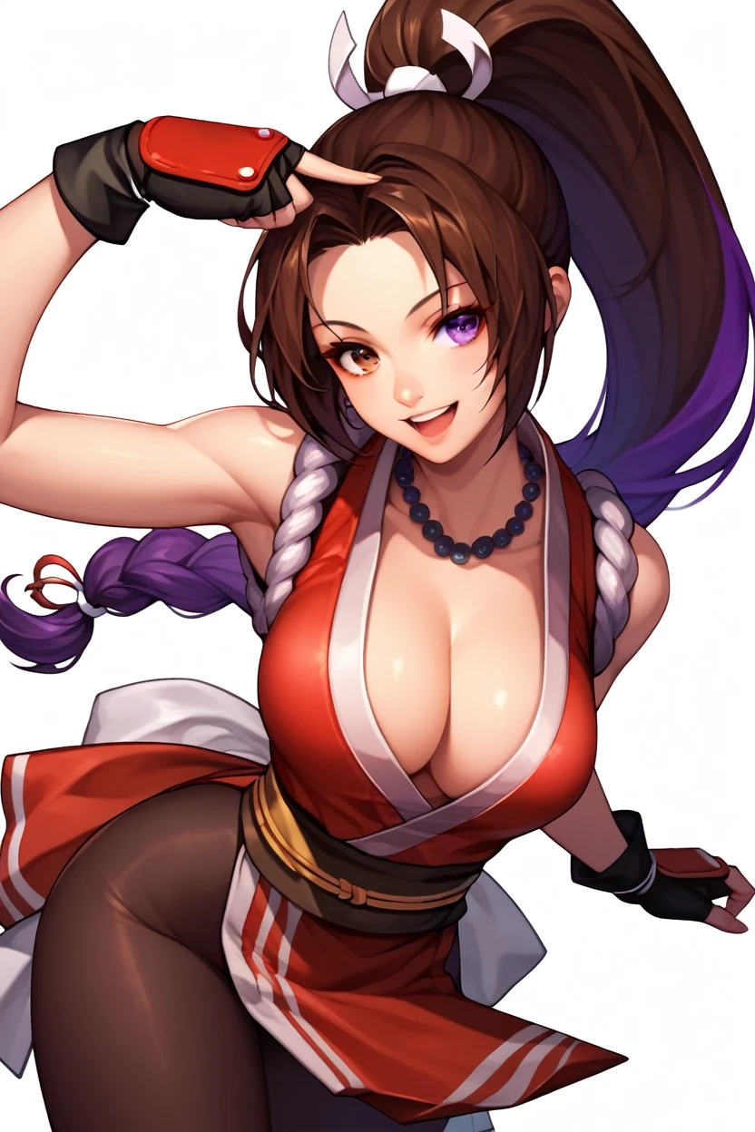 , score_8_up, score_7_up,score_6_up, score_5_up, score_4_up , 1girl, solo, ((Split hair)), ((brown hair)), ((purple hair)). heterochromia, brown eyes and purple eyes, PonyShiranui, japanese clothes, revealing clothes, cleavage, high ponytail, Athenakof97, long hair, purple hair, purple eyes, red hairband, pearl necklace, puffy sleeves, short sleeves, open vest, skirt, pantyhose, fingerless gloves, ysakazaki,, dougi, sneakers, spandex, headband, fingerless gloves, , brown hair, brown eyes, single braid, happy, cowboy shot, simple background