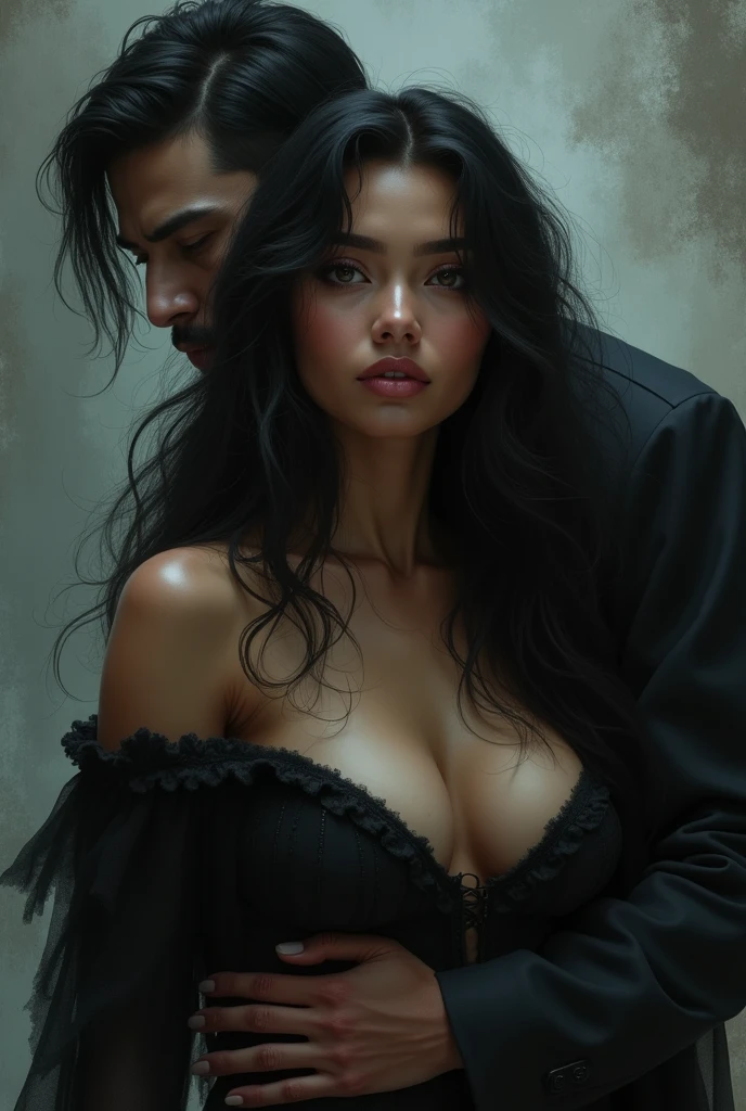 a light-skinned black woman with a strong personality and black wavy hair with a sensitive Mexican-style body and a strong Korean-style man behind her, grayish whites of the eyes with vampiric aspects 