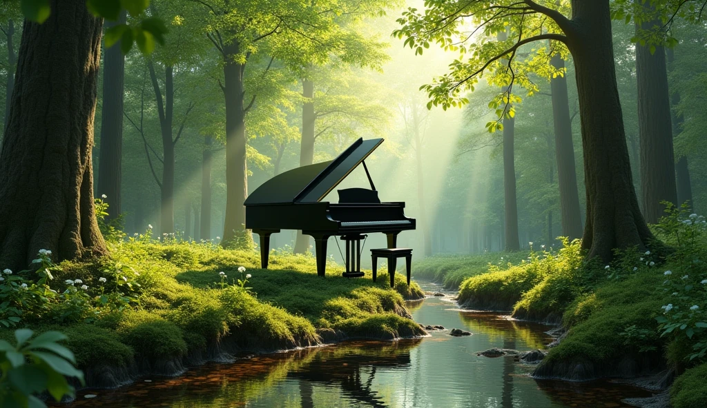 A black grand piano is placed in the middle of a lush green forest. The scene is bathed in soft sunlight filtering through the tall trees and green maple (momiji) leaves, creating a calm and peaceful atmosphere. A small stream runs beside the piano, reflecting the sunlight. The forest floor is covered with moss and leaves, and the piano stands out against the vibrant natural surroundings, adding an element of elegance to the serene landscape. The image should be detailed and realistic, capturing the tranquility of the forest and the beauty of the piano.
Small flowers are blooming