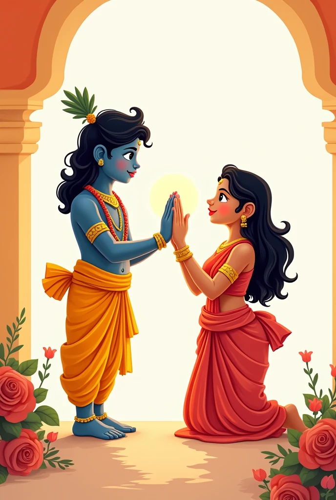 Hii 
Create a I image of shri krishna white Orange background which in which white should be at the back and orange should be in the front in smaller quantity and in that lord Shri Krishna good be standing with srimathi Radha Rani blessing me make Shri Krishna dhoti in yellow colour and make a person sitting on knees taking blessing of both of them in cartoonistic way, see that Radha Rani is not taking the blessing the both are standing and a mail is taking their blessings