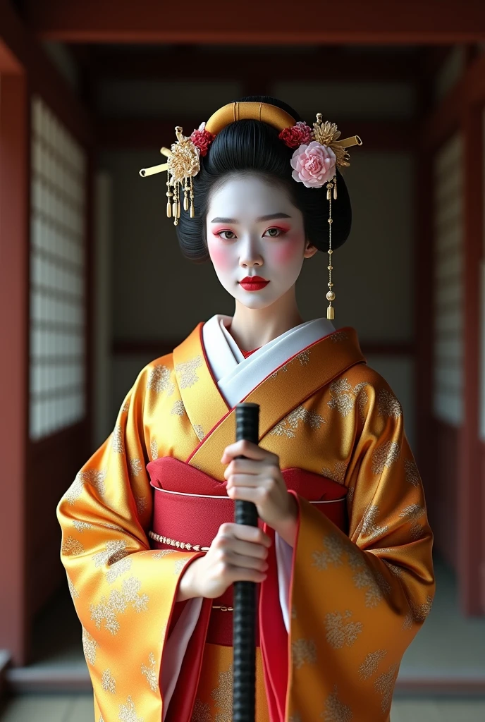 A hyperrealistic, 8K photograph of a geisha with perfectly made-up face. She wears a gold and red kimono with intricate patterns. The kimono is adorned with gold leaf. She holds a fine katana in front of the viewer. The background is a traditional Japanese setting with a wooden structure.