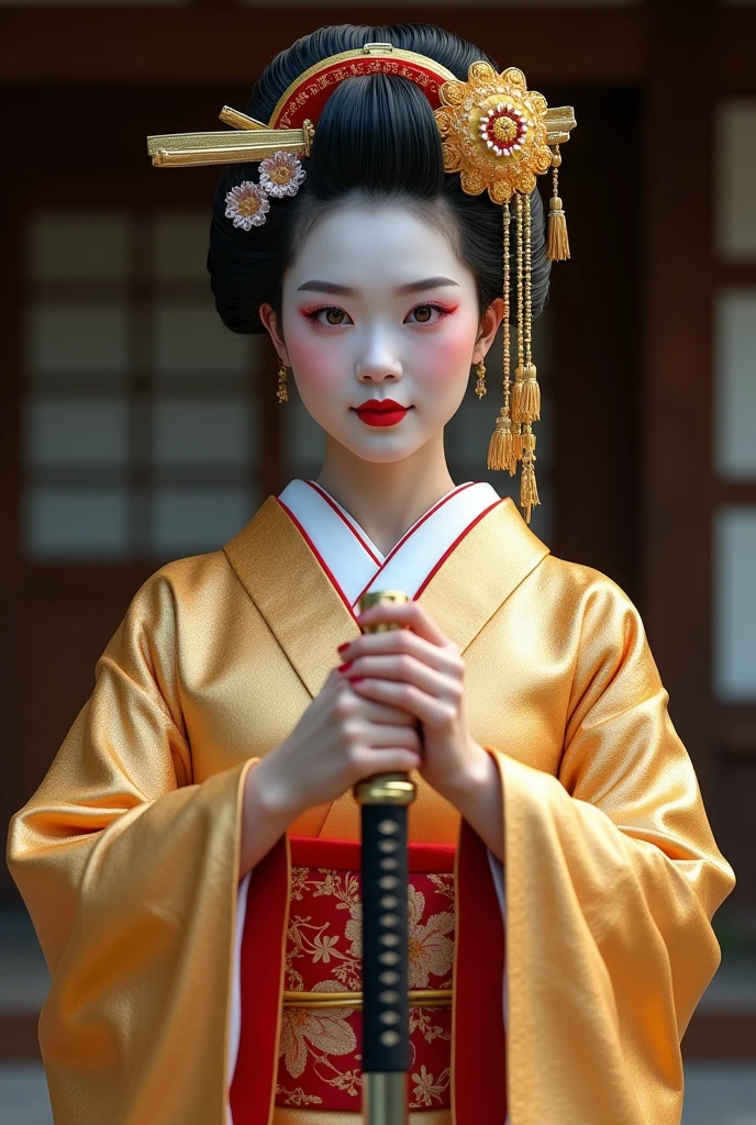 A hyperrealistic, 8K photograph of a geisha with perfectly made-up face. She wears a gold and red kimono with intricate patterns. The kimono is adorned with gold leaf. She holds a fine katana in front of the viewer. The background is a traditional Japanese setting with a wooden structure.