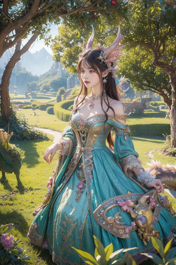 best quality, reality-shot, realism, realistic photography of a fantastical appearence of a anthro dragon woman with whimsical elements, magical fairytale landscape, fantasy style art, mulberry theme, intricate details, ultra sharp, exquisite detail, flawless composition, vivid colors, masterpiece, exciting background hkmagic hkevil