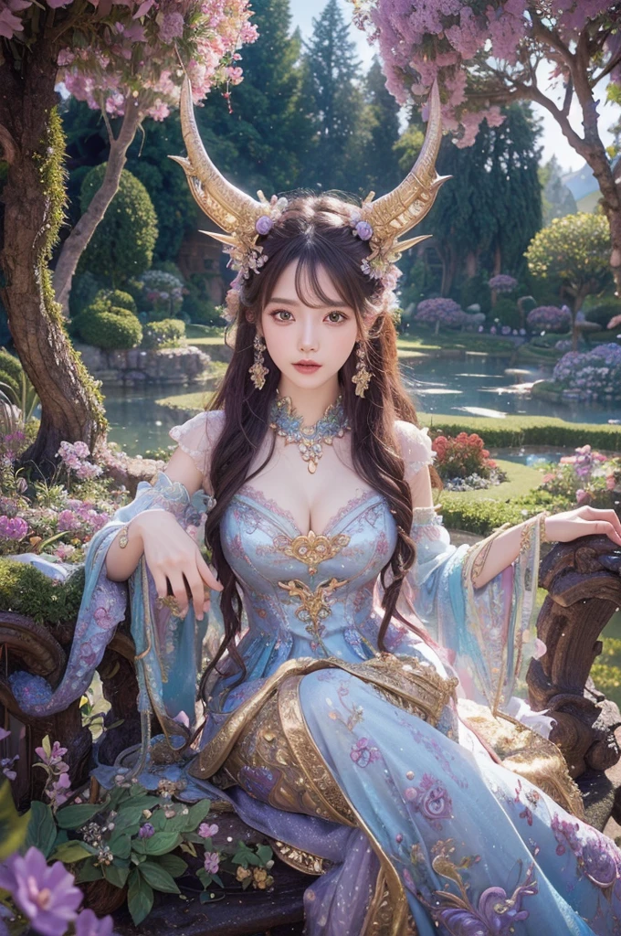 best quality, reality-shot, realism, realistic photography of a fantastical appearence of a anthro dragon woman with whimsical elements, magical fairytale landscape, fantasy style art, mulberry theme, intricate details, ultra sharp, exquisite detail, flawless composition, vivid colors, masterpiece, exciting background hkmagic hkevil