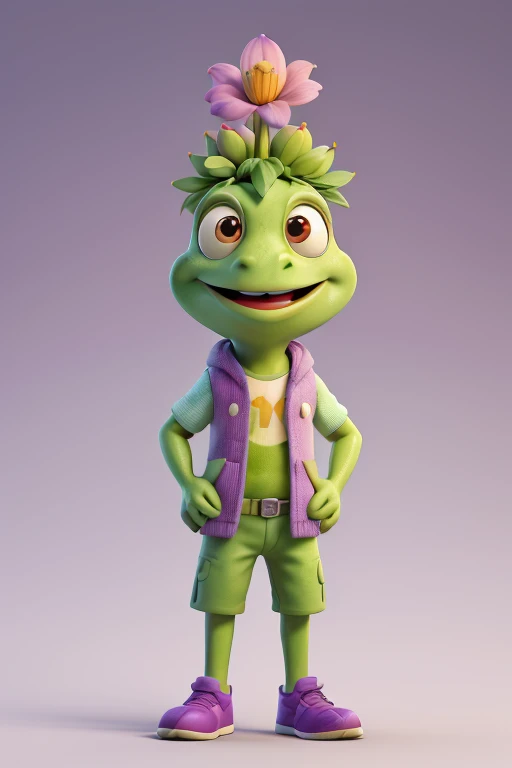 A happy animated frog with a human body in a sports uniform and a purple flower on its head, White background
