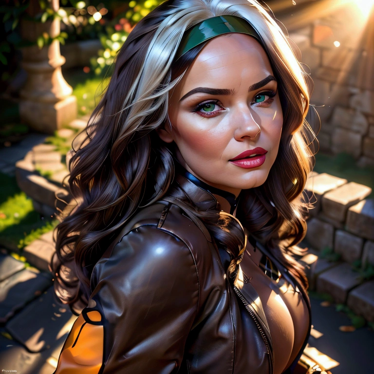 (masterpiece:1.0), (best_quality:1.2), Classic Rogue, 1991 Rogue X-Men, 1girl, Only, full body view, facing the viewer, hand on hips, legs parted, confident stance, proud stance, medium length hair, brown hair, wavy hair, one lock of white hair, green headband, green eyes, mischievous look, parted lips, curvy figure, large breasts, lipstick, makeup, brown leather jacket, gloves, loose belt, skin-tight leggings, open jacket, knee-high boots, Looking down at the Viewer, sunlight, sunrays, light source from the side, (realism: 1.5), (Realistic: 1.4), (Absurdity:1.4), 8k, ultra-detailed, Detailed Beautiful Woman, (only:1.4), 1girl, background of garden, stone walls, stone archway and pathways, wisteria trees, outside of mansion, official art, extremely detailed CG unity 8k wallpaper, perfect lighting, Colorful, ultra high res, photography, 8K, HDR, Kodak portra 400, film grain, blurry background, (bokeh:1.2), lens flare, (vibrant_color:1.2), professional photograph