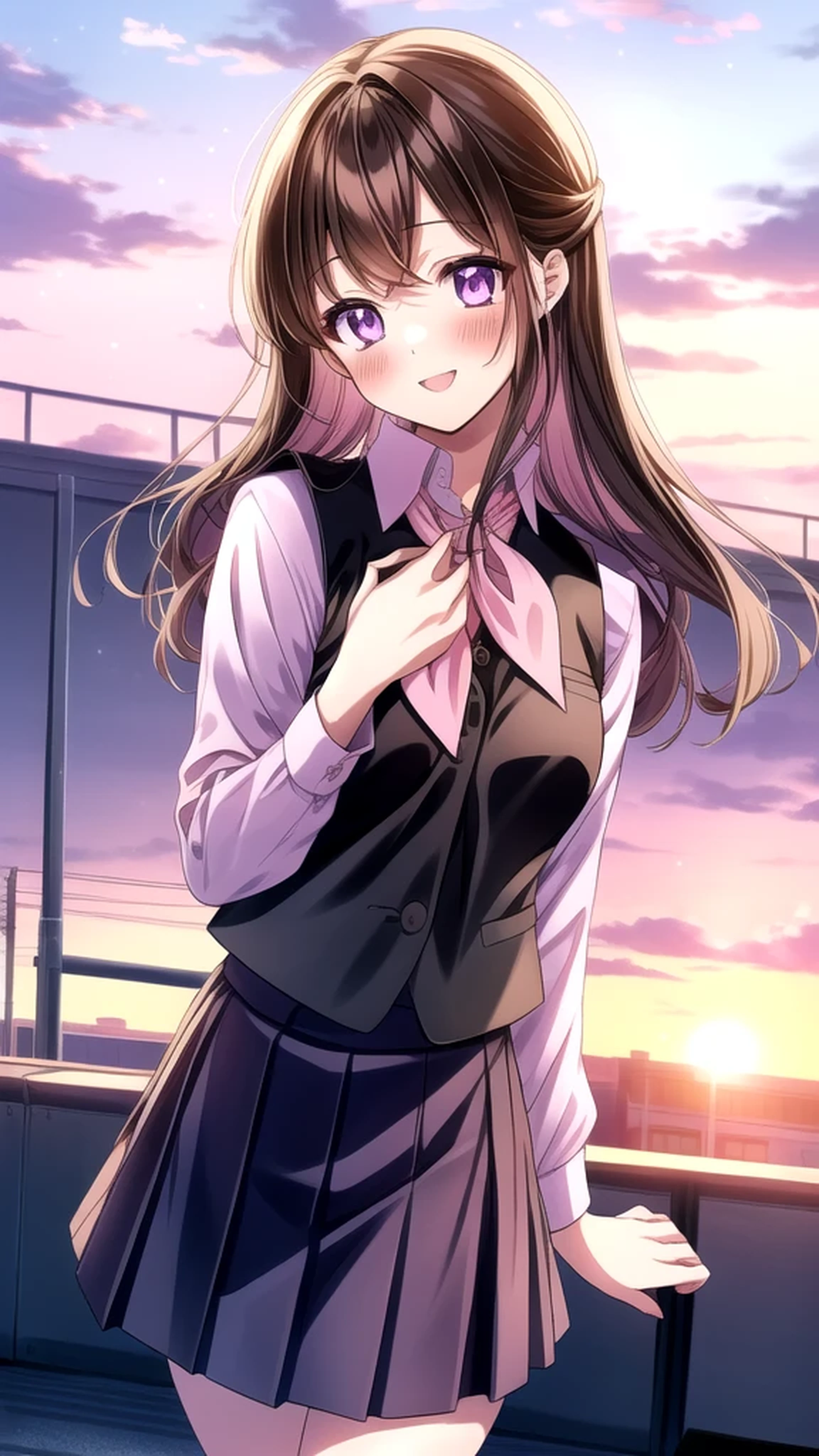 Anime illustration - Shino amagi OL, one person, Purple eyes, Black brown hair, collared shirt, shirt, skirt, blush, white shirt, neckerchief, black vest, black mini skirt, medium chest, checkered floor, pink ribbon, striped bow, ribbon, blush, Cute Smile Open your mouth, Are standing,(Winter Night、With the sunset and the fence behind、Receiving a confession on the school rooftop。I got closest to that smile:1.1), (Place your hands on your chest:1.3), Two Arms, (cinematic angle:1.1),