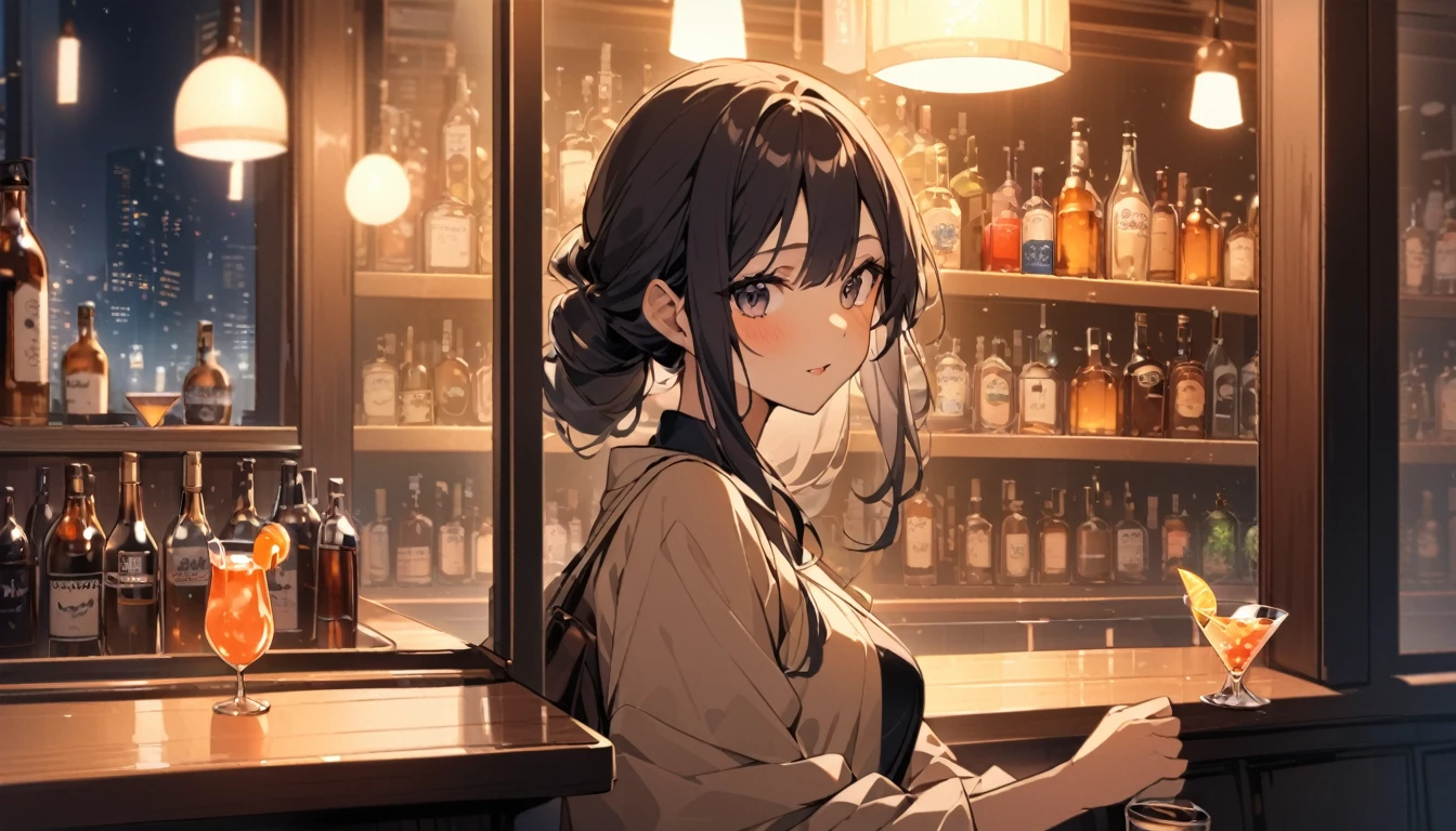 Beautiful Japanese woman in her 20s, night city outside the window, horizontal screen size,Cute,pub,cocktail,Adult atmosphere,Upper Body