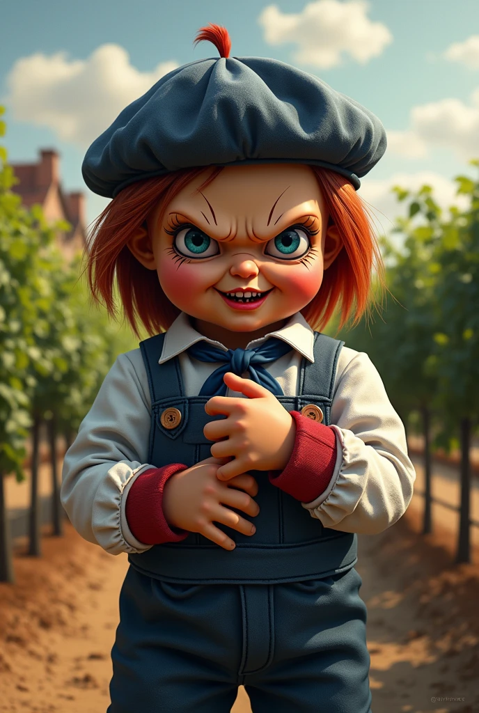 chucky the winemaker. with one hand hidden, french beret,
