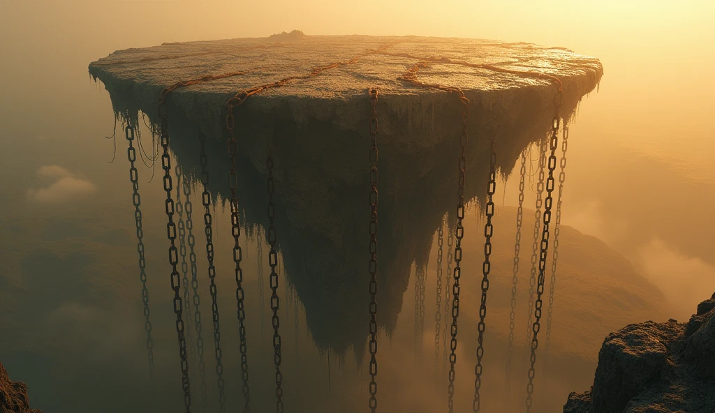 a floating island chained to the ground with many chains, focus on one of the chains, camera angle from bottom, warm lighting, rusty chains