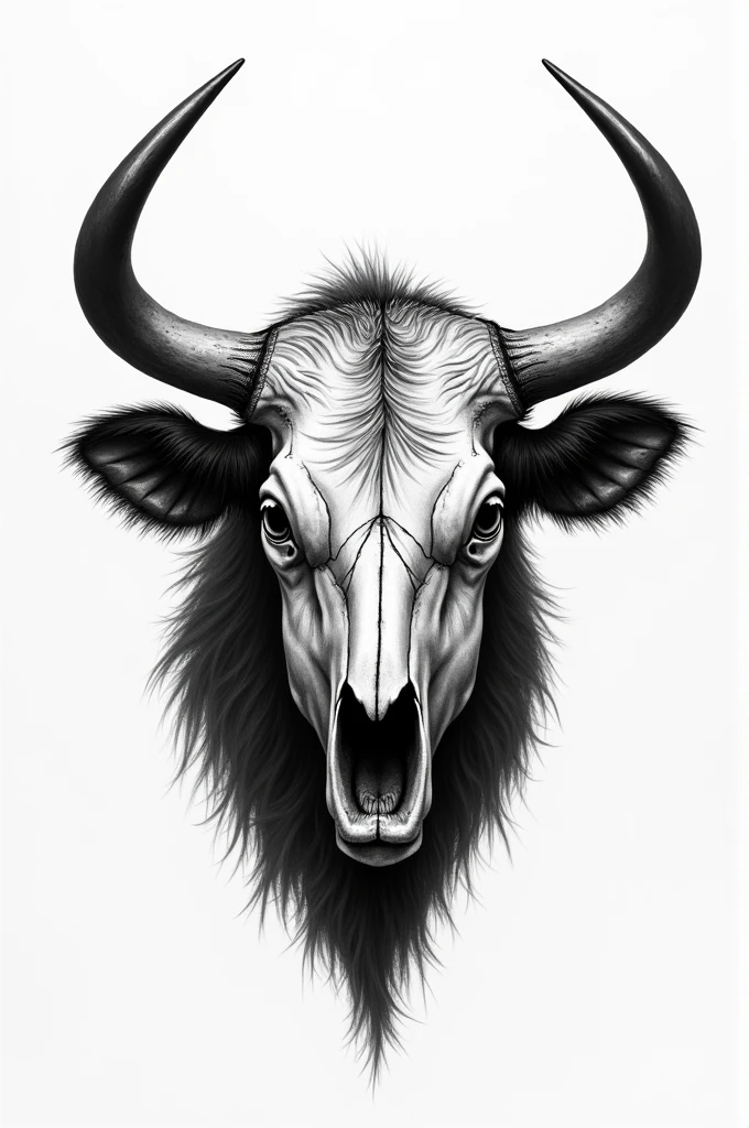A bull&#39;s head, half skull and half normal, for a black and white tattoo