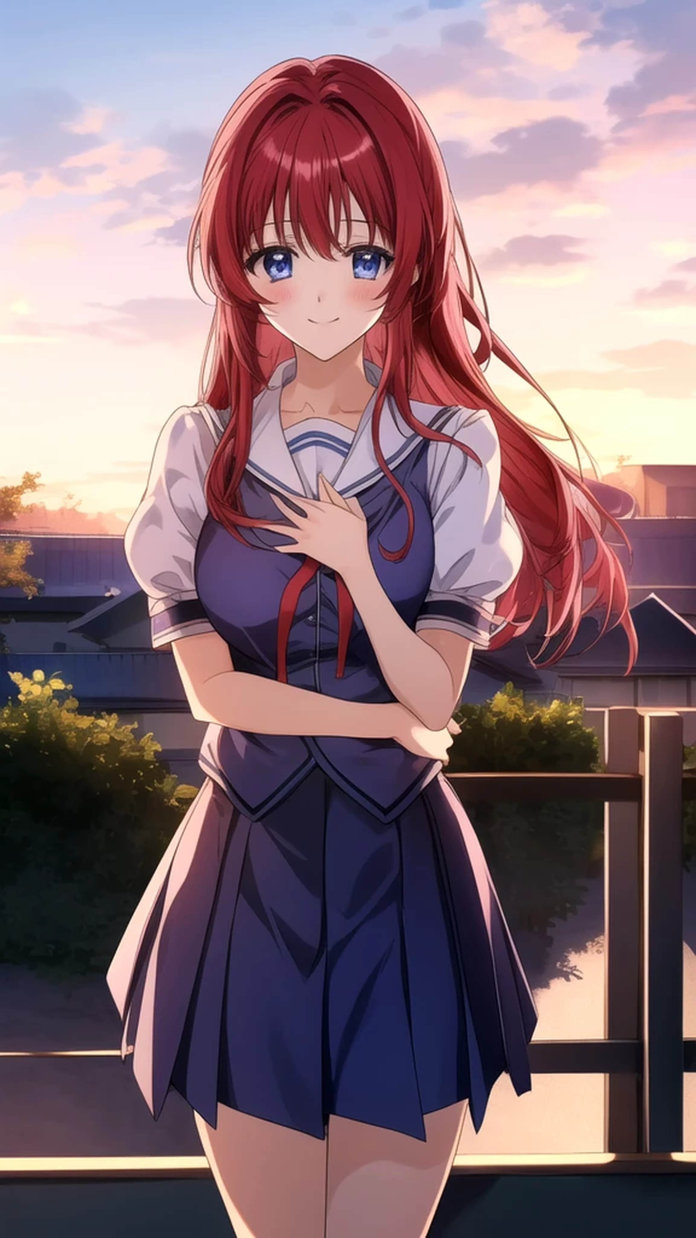 kotorishirakawa, ((masterpiece, best quality, highres, distinct_image)), 
extremely beautiful and delicate, extremely detailed, intricate detail, 1girl, solo, short stack, huge breasts, red hair, long hair, straight hair, Blue eyes, BREAK skirt, school uniform, short sleeves, socks, puffy sleeves, puffy short sleeves, Cute Smile Open your mouth, Are standing, (Winter Night、With the sunset and the fence behind、Receiving a confession on the school rooftop。I got closest to that smile:1.1), (Place your hands on your chest:1.3), Two Arms, (cinematic angle:1.1),