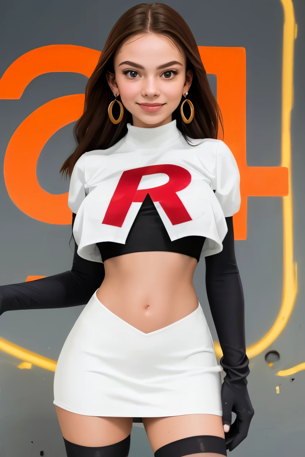 The face of Olivia Rodrigo, 1girl, solo, team rocket,team rocket uniform,white skirt,red letter R,crop top,black thigh-highs,black elbow gloves, earrings, large breasts,